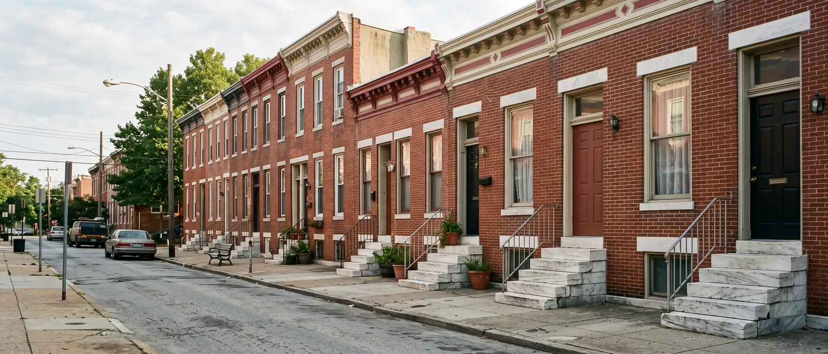 Baltimore brick rowhouses with white marble steps, older rentals covered by Maryland lead paint law