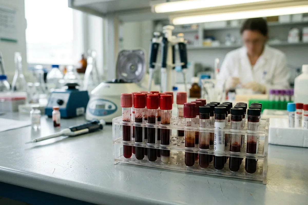 Blood sample tubes in a lab rack waiting for a blood lead level result