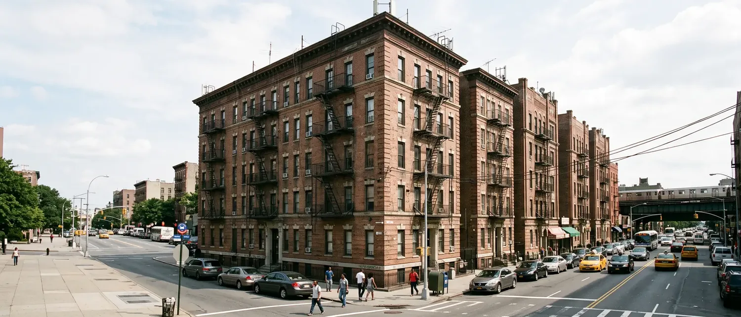 Tall pre-war brick apartment buildings with fire escapes along a Bronx avenue, where many lead paint violations are on record