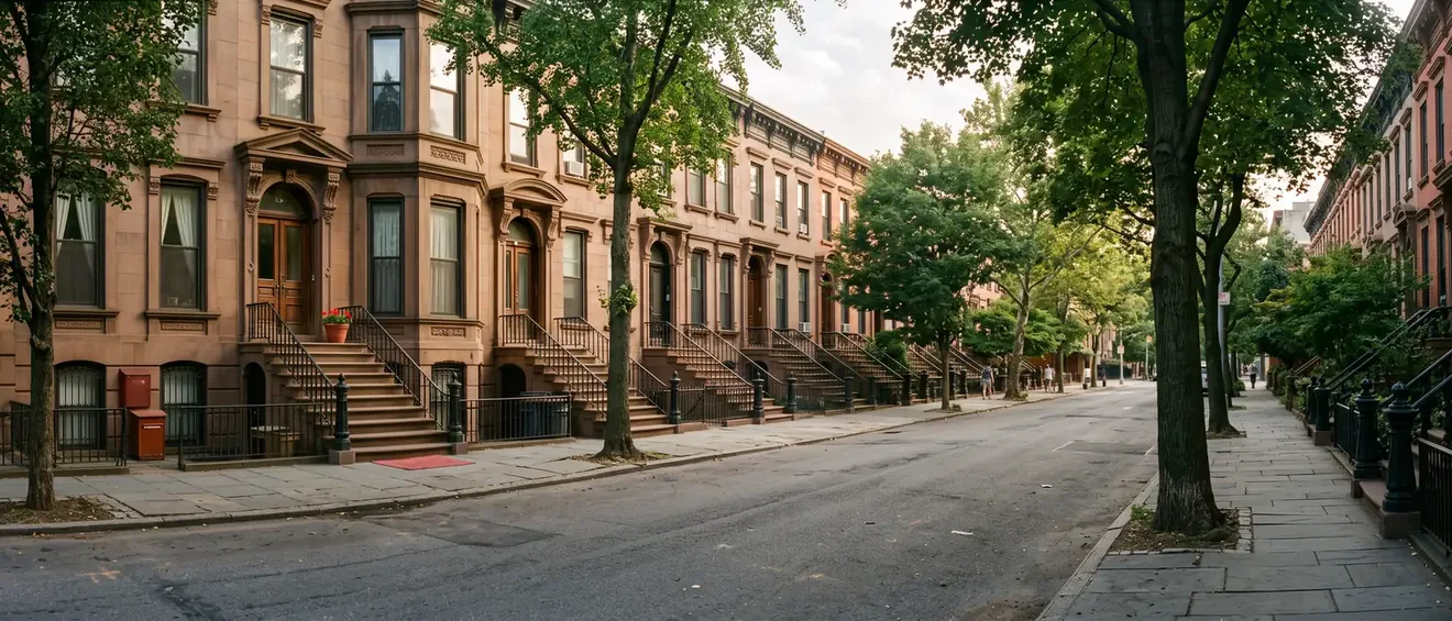 Brooklyn brownstone and brick apartment buildings with stoops on a tree-lined street, where many lead paint violations are on record