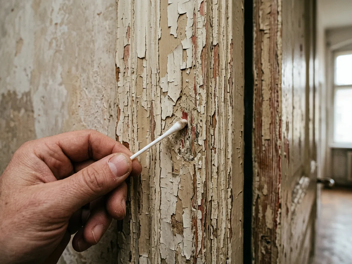 A lead paint test swab pressed against chipped paint on an old door frame