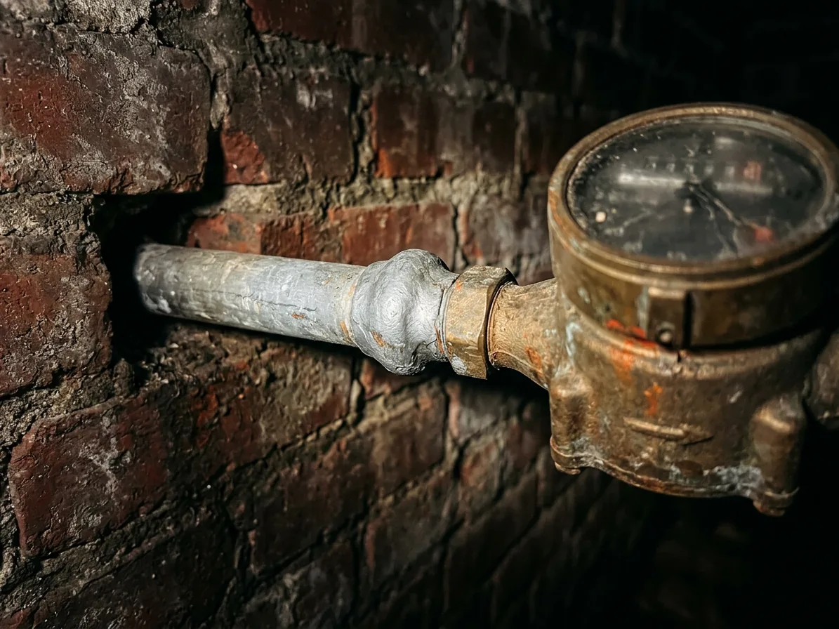 A dull grey lead pipe entering a basement next to the water meter and a copper pipe