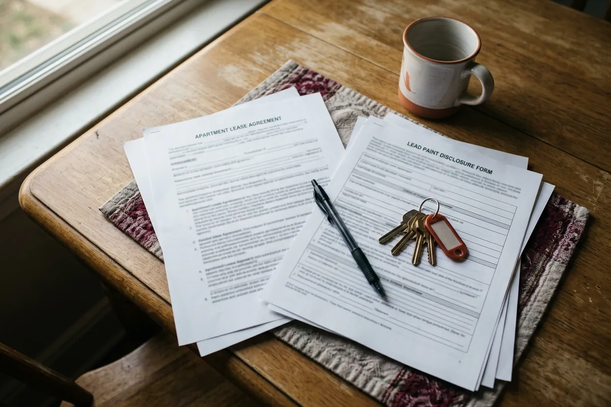 A lease and a lead paint disclosure form on a kitchen table with keys and a pen