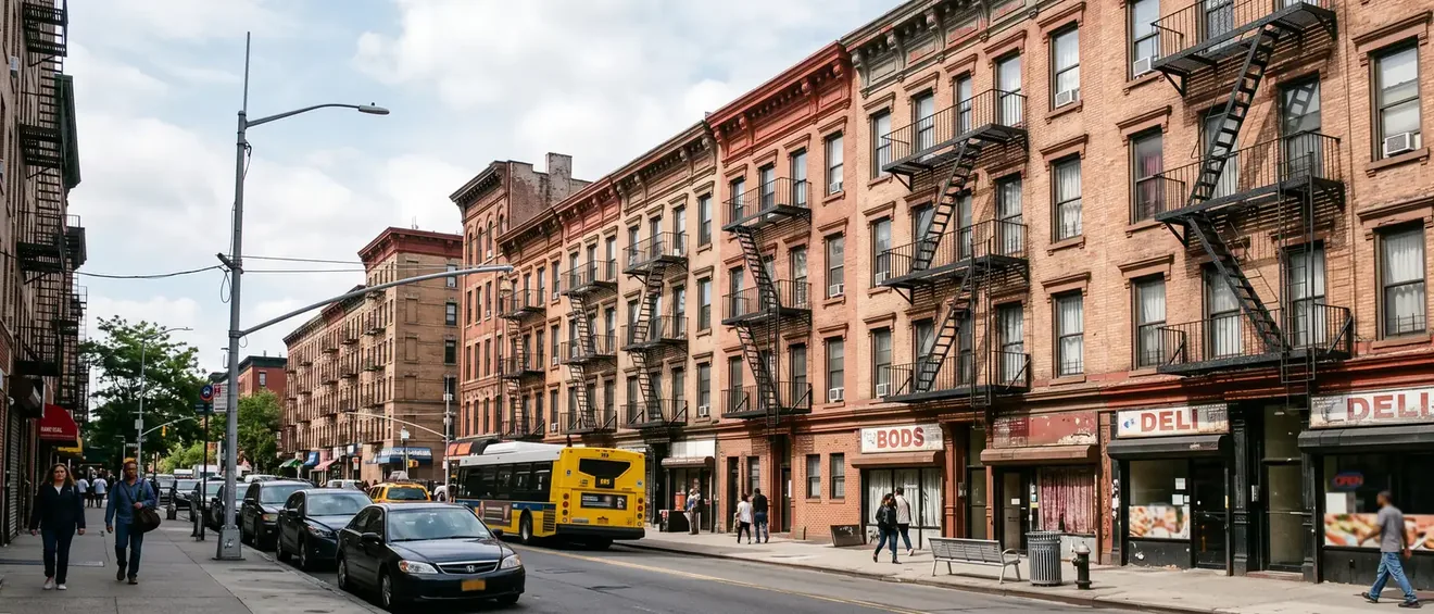 Old brick tenement buildings with fire escapes on a Harlem street in Manhattan, where many lead paint violations are on record