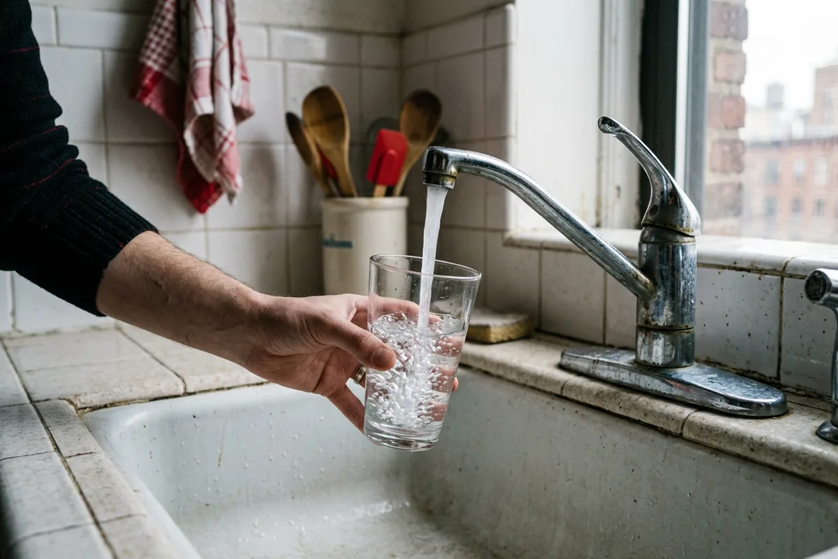 A glass filling with cold tap water in a New York City kitchen, water a lead service line replacement protects