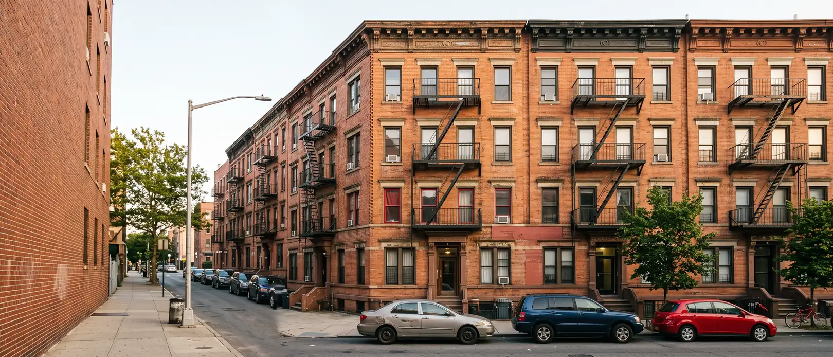 Pre-war brick apartment buildings with black fire escapes on a Bronx street, the kind of housing NYC lead paint law covers
