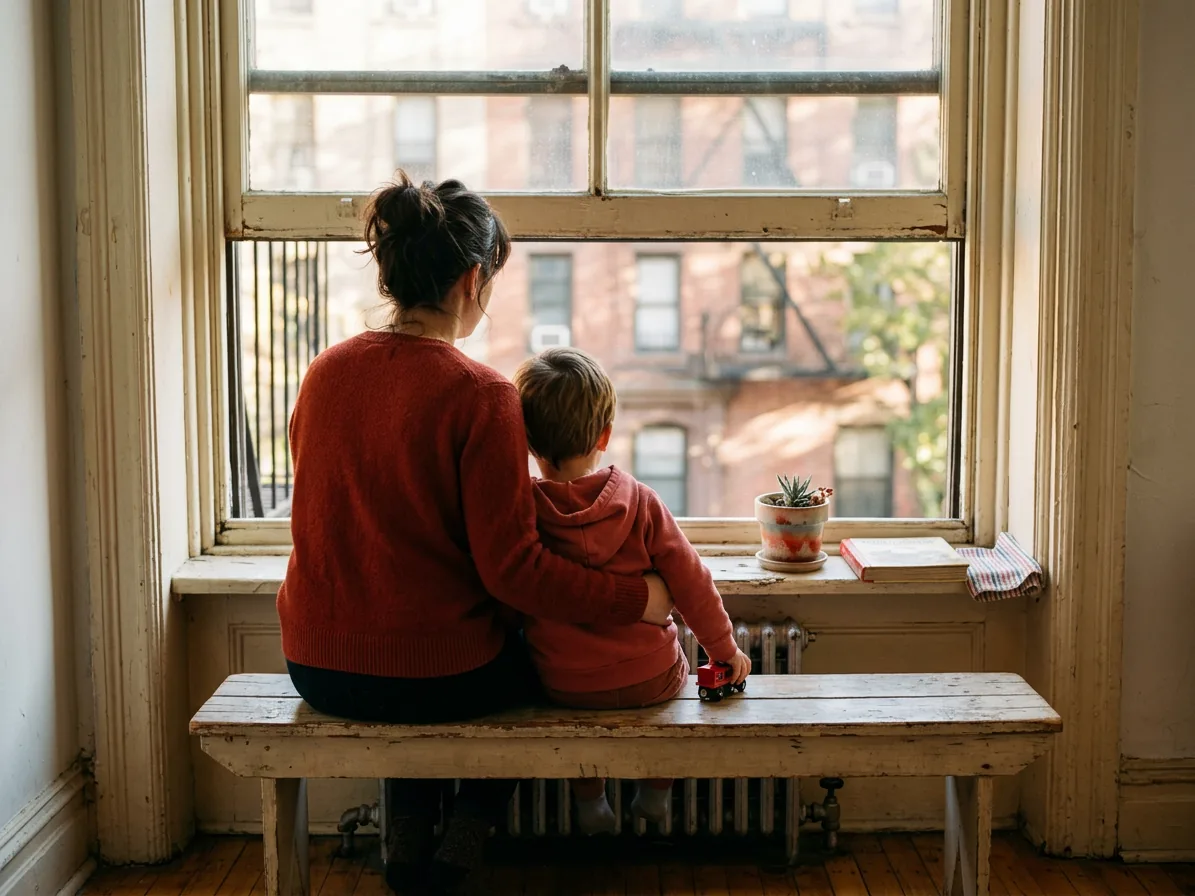 A parent and young child by a painted window in an older apartment, where a lead paint lawyer review often starts