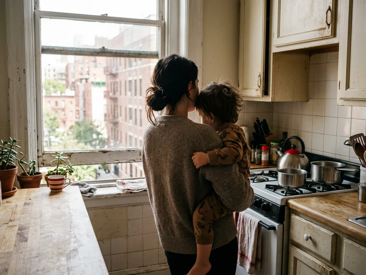 A parent holding a toddler in an older apartment kitchen, the age when lead poisoning symptoms matter most