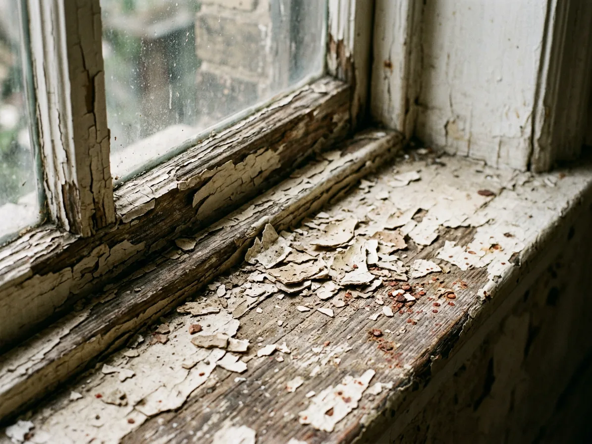 Old white paint peeling off a wooden window sill in a New York City apartment, a typical lead paint hazard