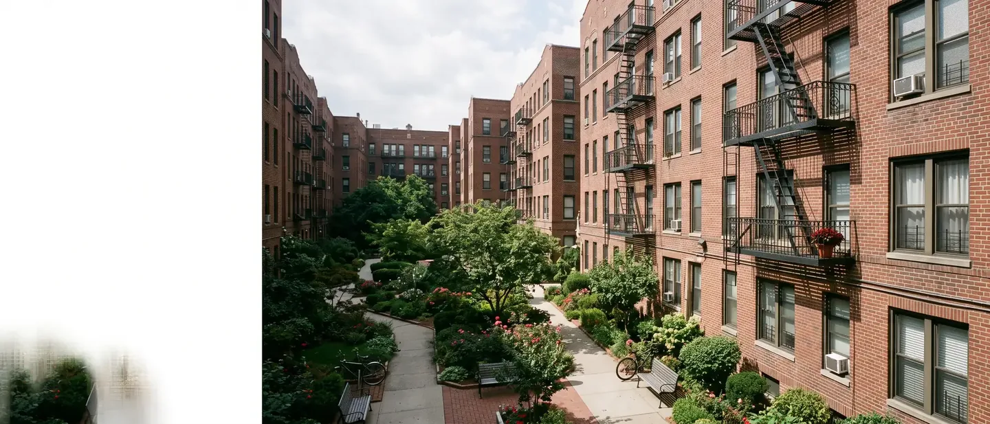 Six-storey brick apartment buildings with fire escapes in Jackson Heights, Queens, where many lead paint violations are on record