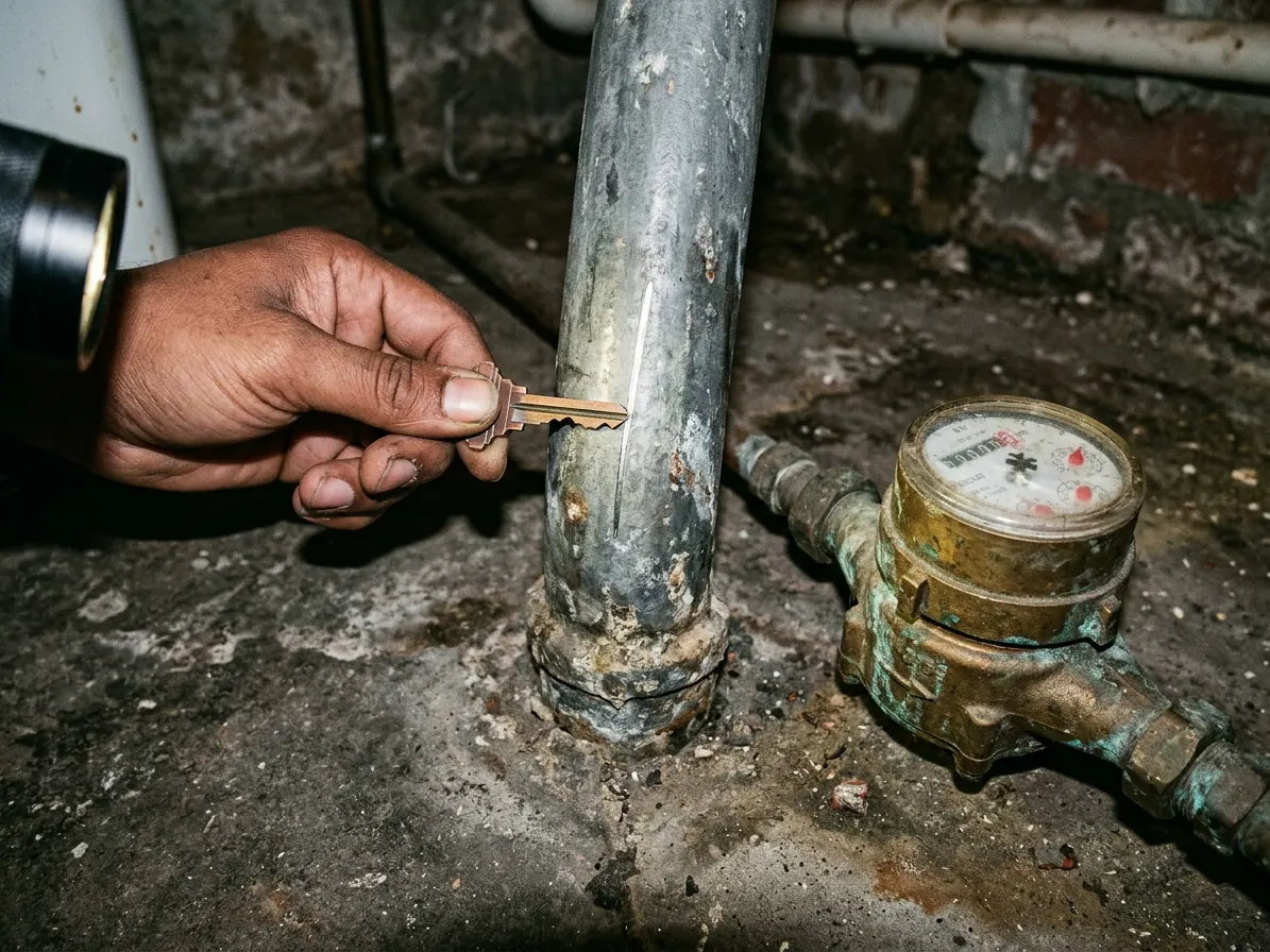 A key scratch on a water pipe showing shiny silver metal, the sign of a lead pipe, with a magnet that does not stick