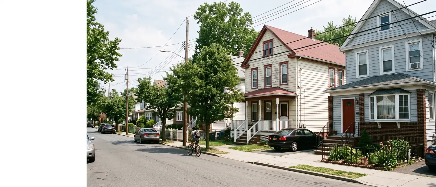 Older two-family frame houses with painted wood siding on a Staten Island street, where many lead paint violations are on record
