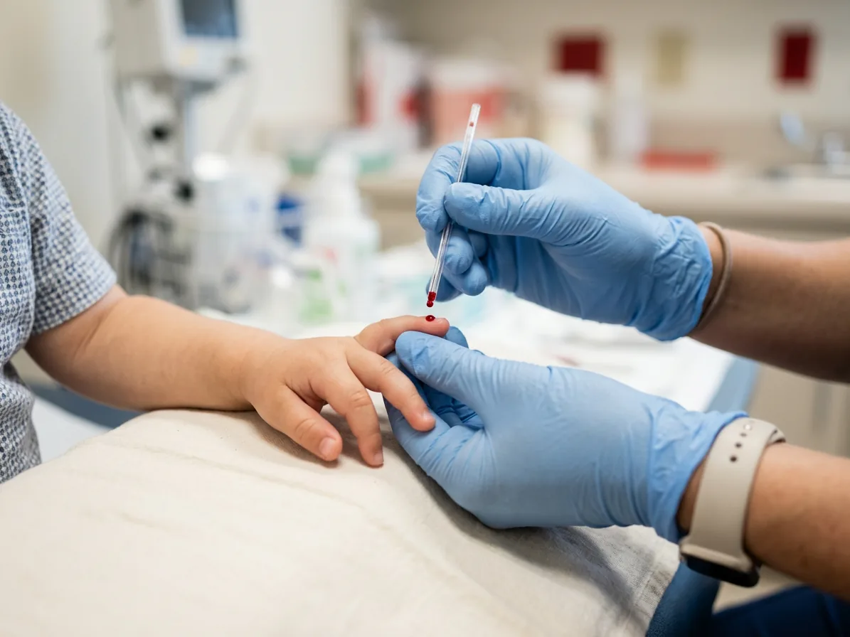 A nurse doing a finger-prick lead poisoning test on a toddler at a clinic