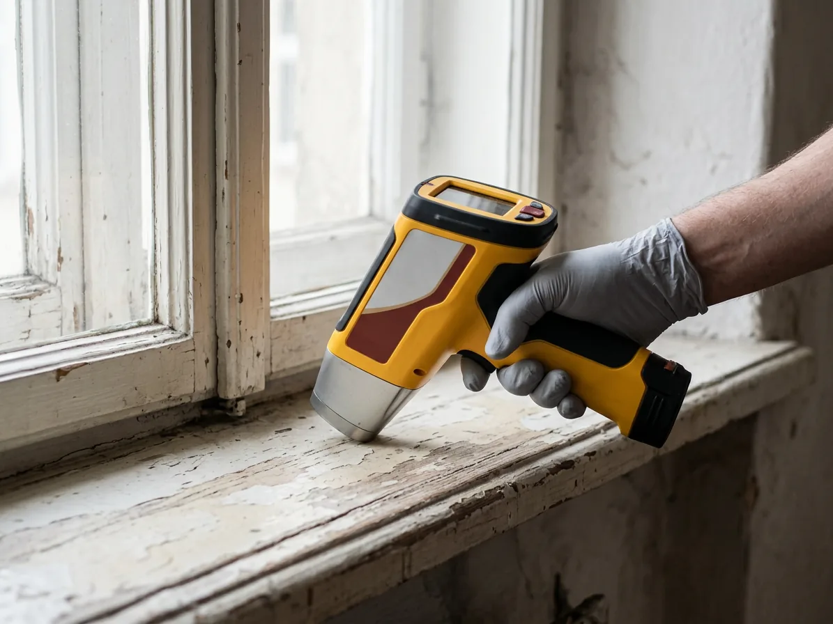 An inspector holding an XRF analyzer to a painted window frame during a lead paint inspection